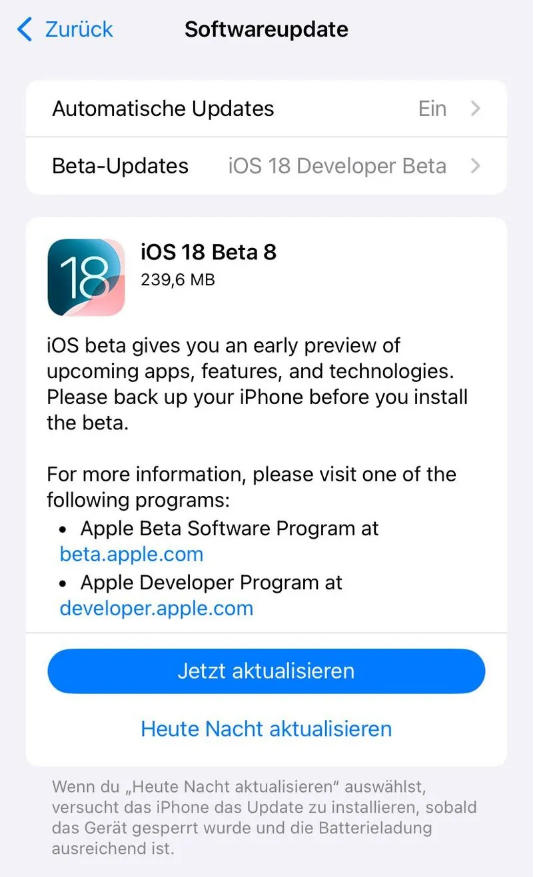 太仓苹果手机维修分享苹果 iOS / iPadOS 18 开发者预览版 Beta 8 发布 